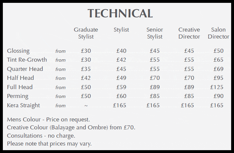 Hair Technical Prices 